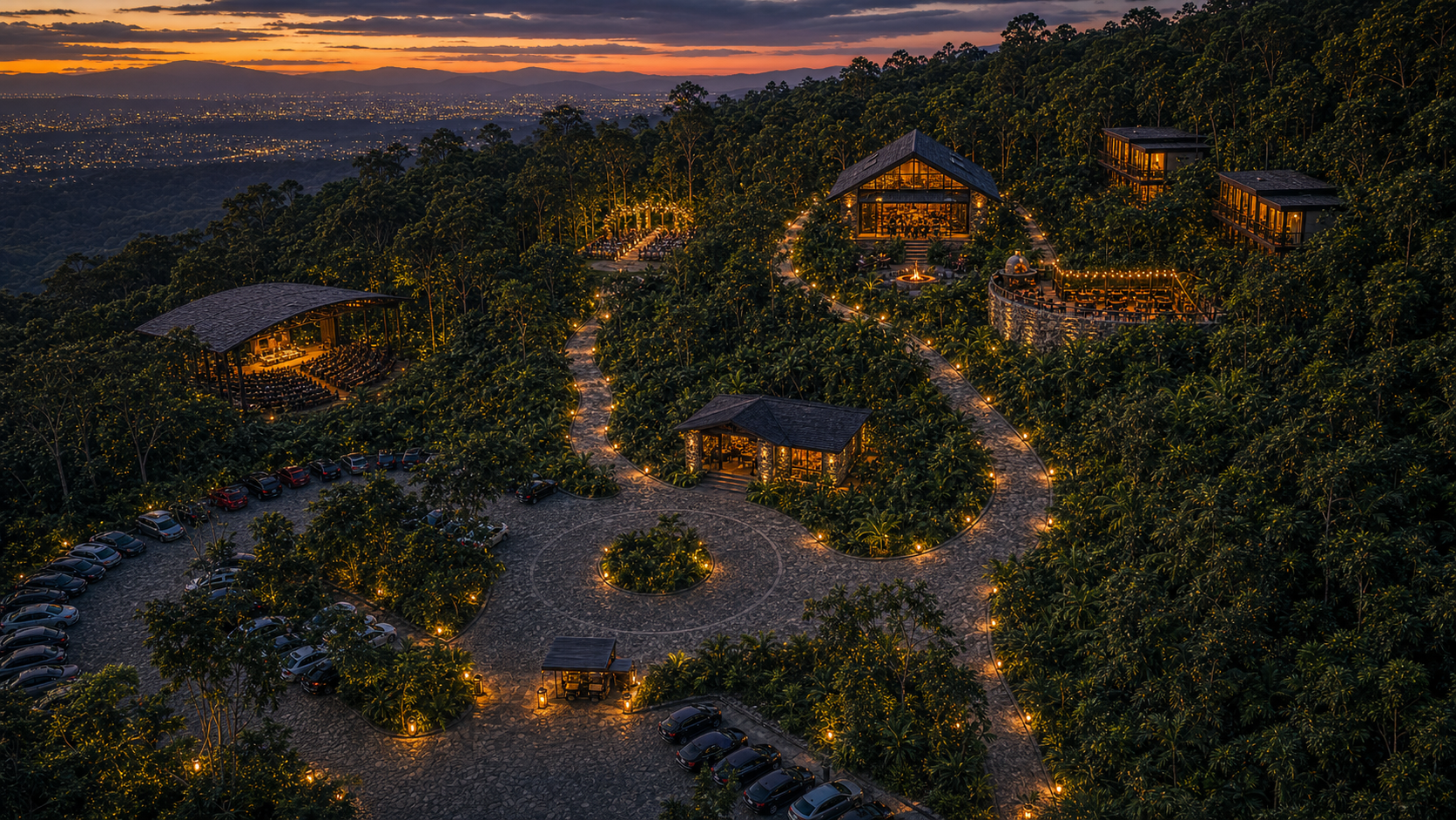 Vista aérea precisa de Casa del Bosque con parqueo en la parte baja, rotonda, zona de abordaje para carritos, recorrido liso en piedra hacia la recepción, zona de bodas entre el bosque, casa principal, dos junior suites, anfiteatro semitechado con público bajo techo y miradores