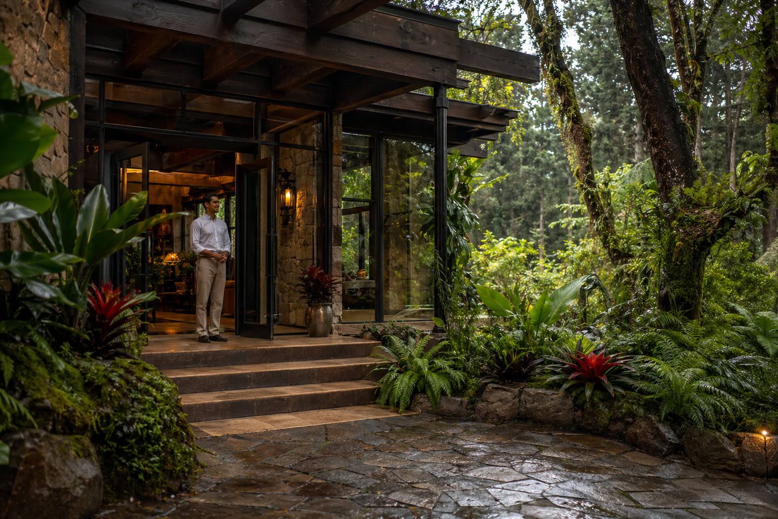 Pabellón de recepción de Casa del Bosque con acceso, sala privada de juntas, oficina, chimenea y bosque