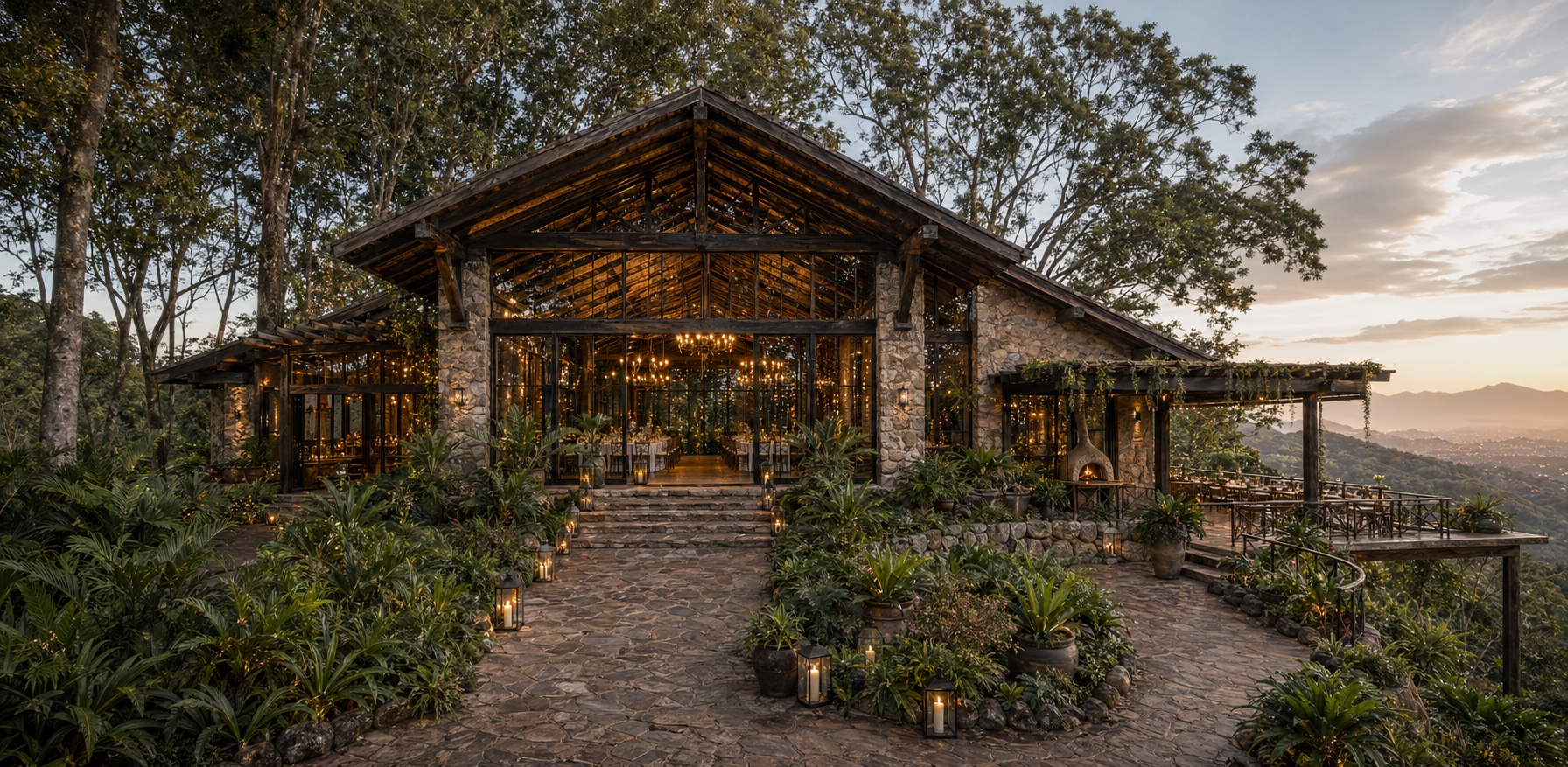 Vista frontal panorámica de Casa del Bosque con fachada de vidrio, techo de dos caídas, piedra, madera y terraza exterior