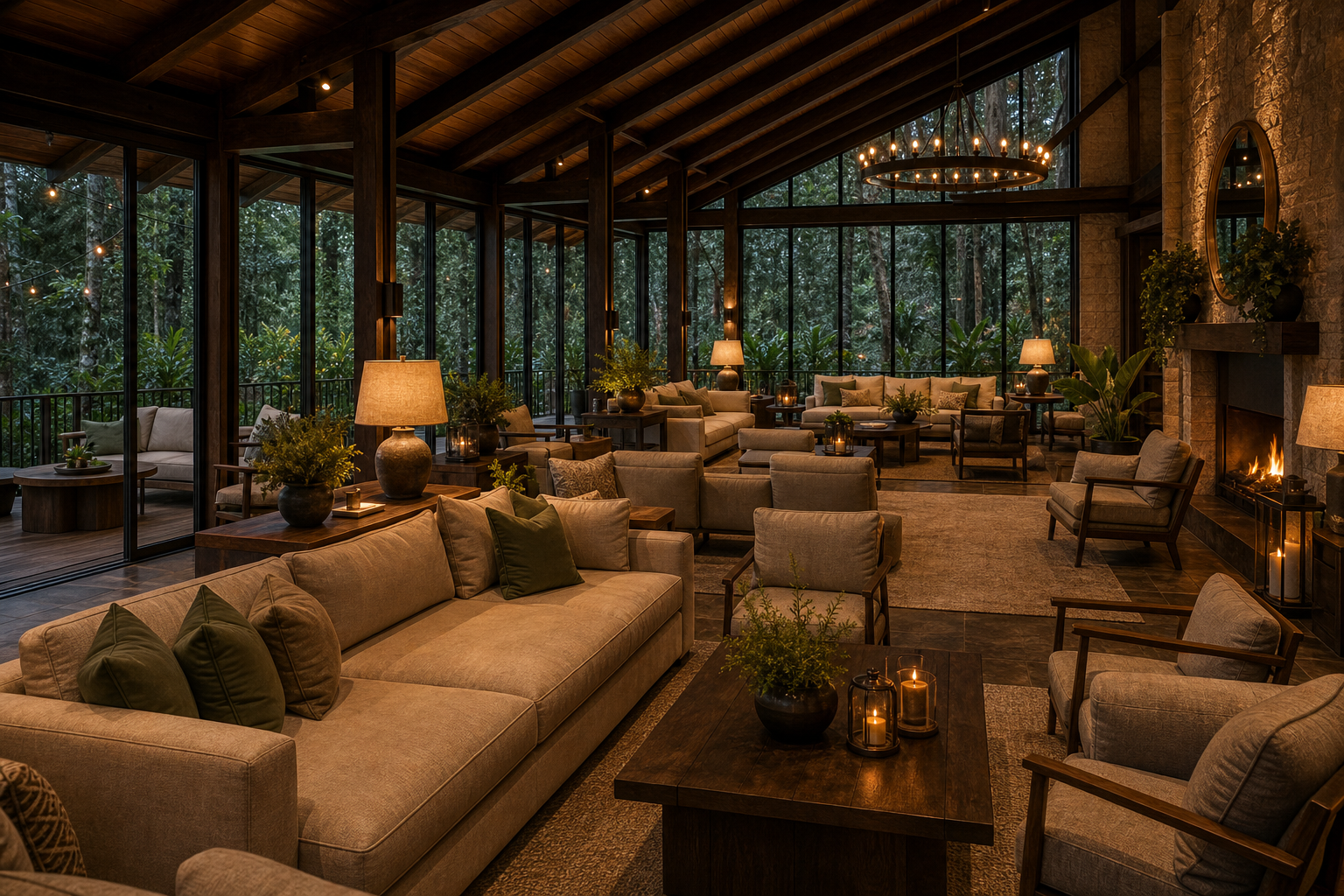 Lounge de recepción con seccionales modulares, chimenea y vista al bosque