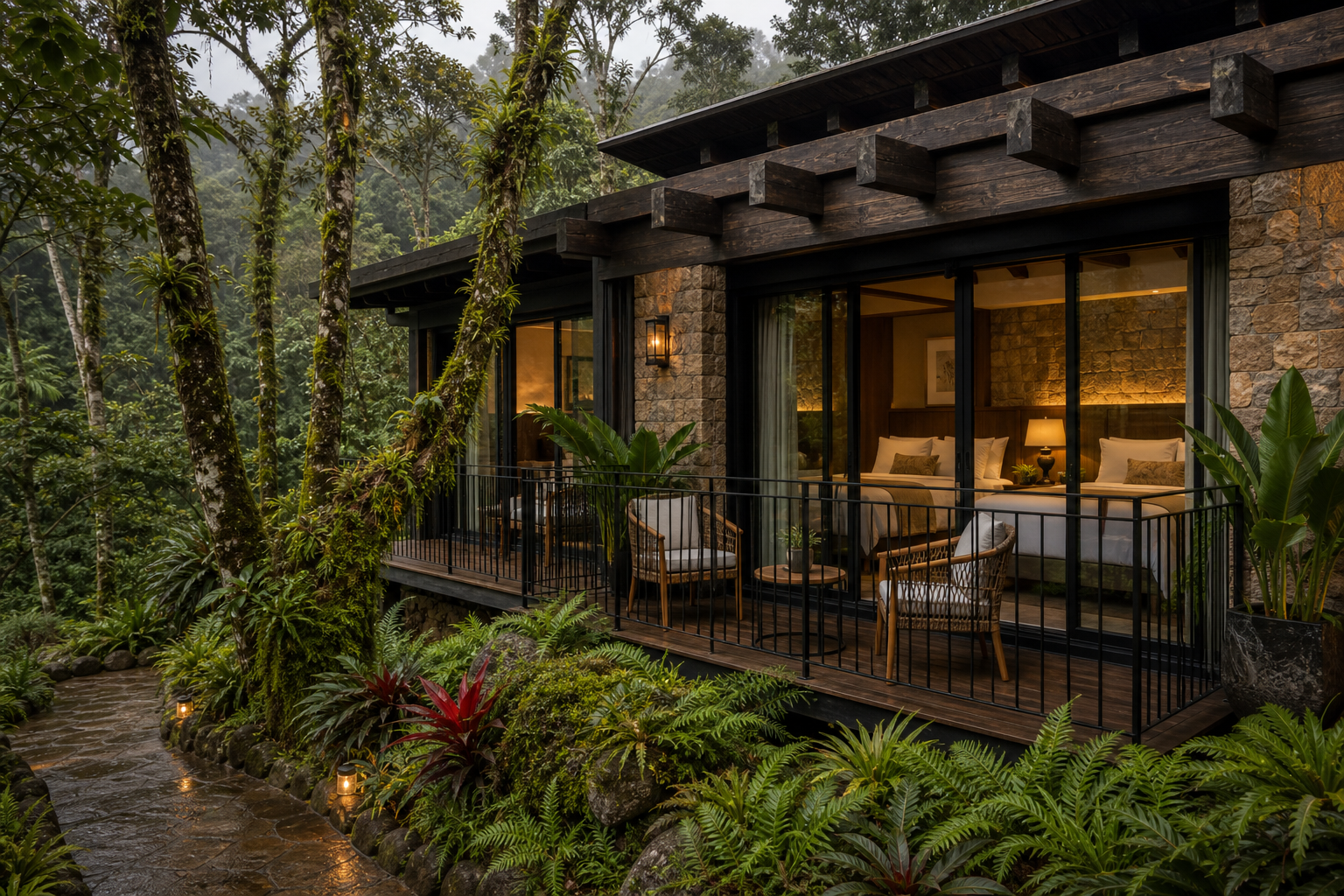 Balcón exterior privado de la Junior Suite Double Full con vista al bosque