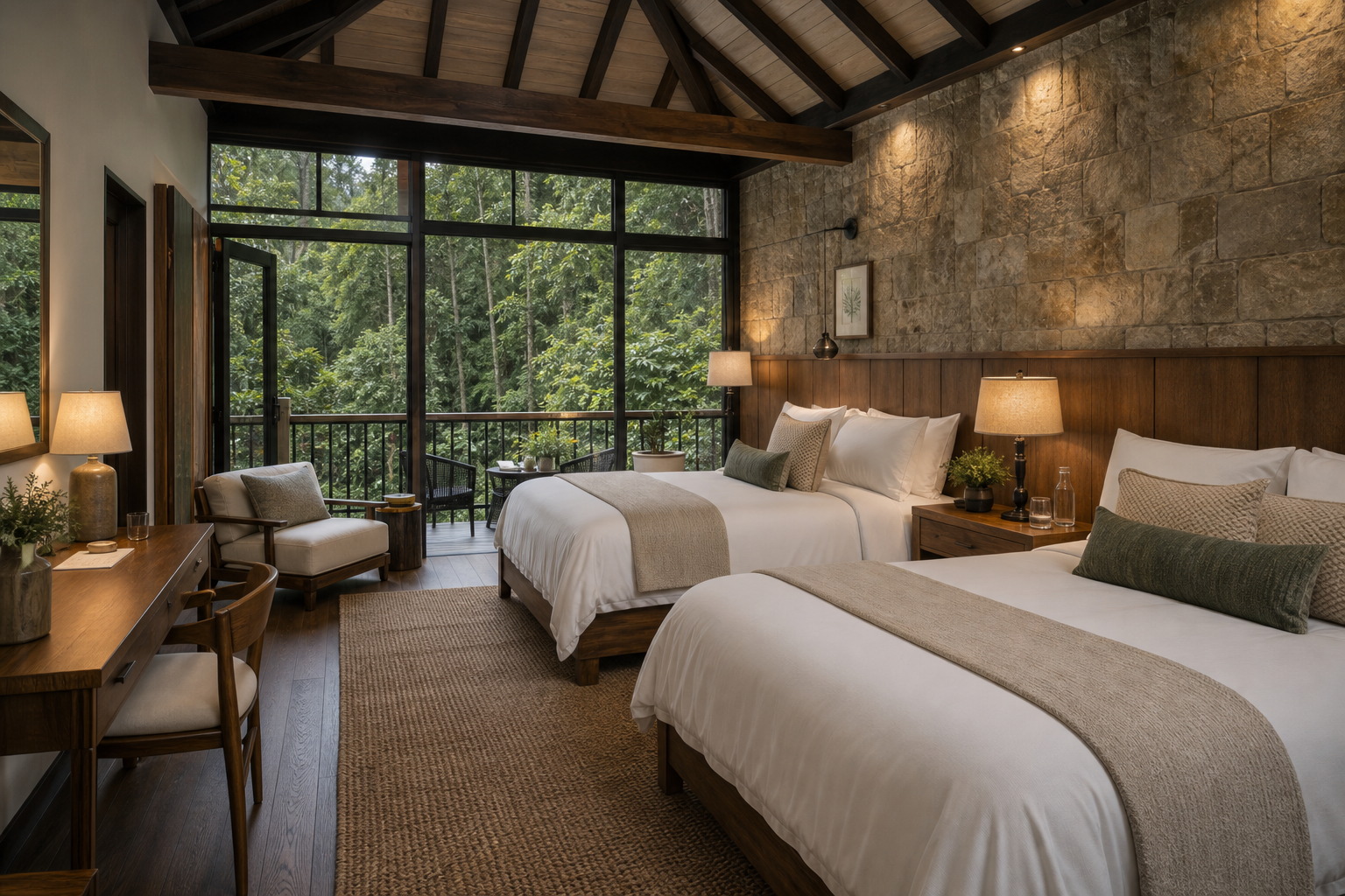 Interior de Junior Suite Double Full con dos camas full, ventanales, balcón y vista al bosque