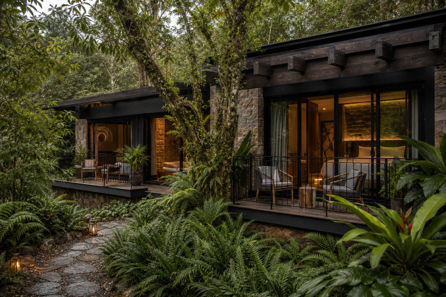 Exterior de las Junior Suites de Casa del Bosque con balcones privados frente al bosque