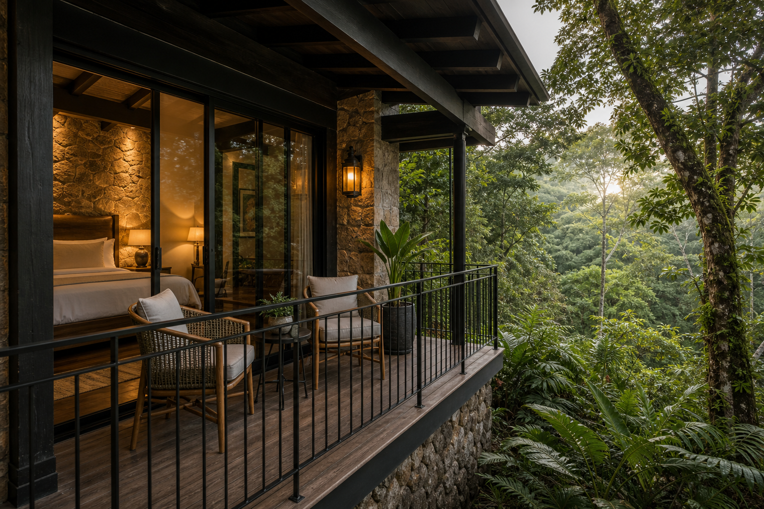 Balcón exterior privado de la Junior Suite King con vista al bosque